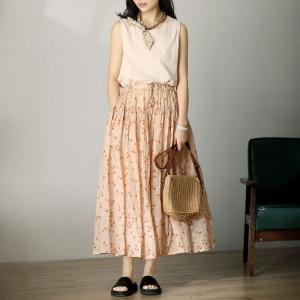 Light Coral Floral Skirt Maxi A-Line Ramie Skirt