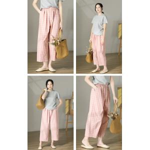 Pastel Pink Gingham Pants Cotton Straight Leg Trousers