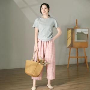 Pastel Pink Gingham Pants Cotton Straight Leg Trousers