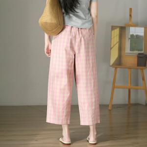 Pastel Pink Gingham Pants Cotton Straight Leg Trousers