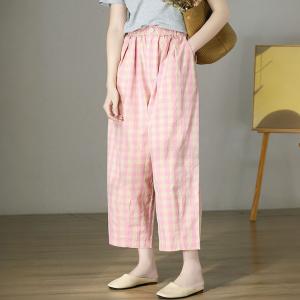 Pastel Pink Gingham Pants Cotton Straight Leg Trousers