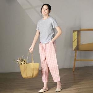 Pastel Pink Gingham Pants Cotton Straight Leg Trousers