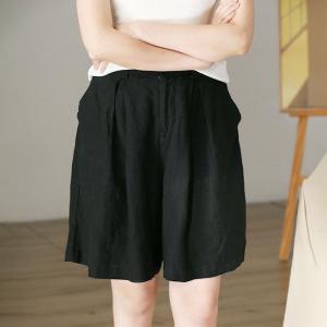 Summer Black Wide Leg Shorts Organic Linen Bermuda Shors