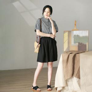 Summer Black Wide Leg Shorts Organic Linen Bermuda Shors