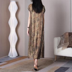 Short Sleeves Crane Patterned Dress Loose Modern Eastern Qipao