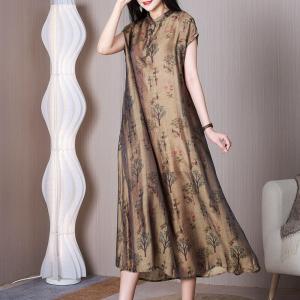 Short Sleeves Crane Patterned Dress Loose Modern Eastern Qipao