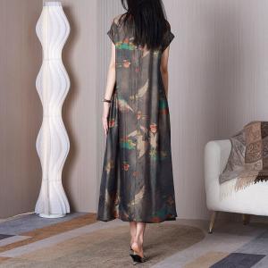 Short Sleeves Crane Patterned Dress Loose Modern Eastern Qipao