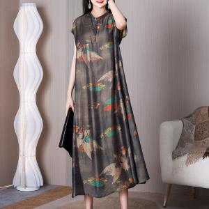 Short Sleeves Crane Patterned Dress Loose Modern Eastern Qipao