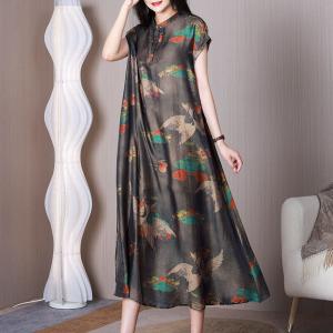 Short Sleeves Crane Patterned Dress Loose Modern Eastern Qipao