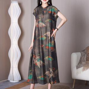 Short Sleeves Crane Patterned Dress Loose Modern Eastern Qipao
