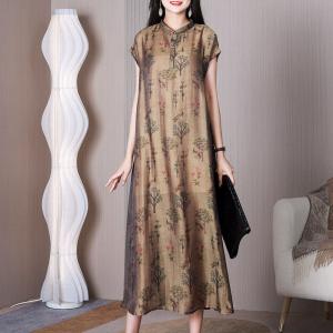 Short Sleeves Crane Patterned Dress Loose Modern Eastern Qipao