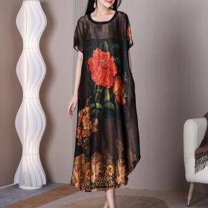 Red Peony Silky Midi Dress Elegant Loose Senior Women Dress