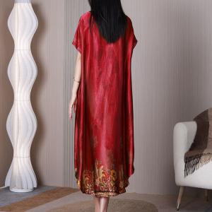 Red Peony Silky Midi Dress Elegant Loose Senior Women Dress