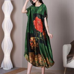 Red Peony Silky Midi Dress Elegant Loose Senior Women Dress