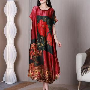 Red Peony Silky Midi Dress Elegant Loose Senior Women Dress