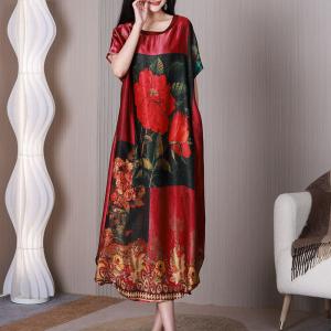 Red Peony Silky Midi Dress Elegant Loose Senior Women Dress