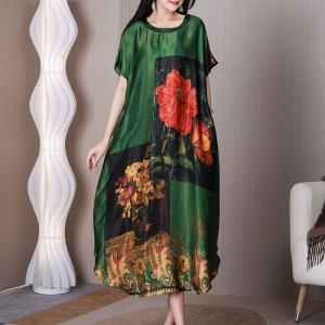 Red Peony Silky Midi Dress Elegant Loose Senior Women Dress