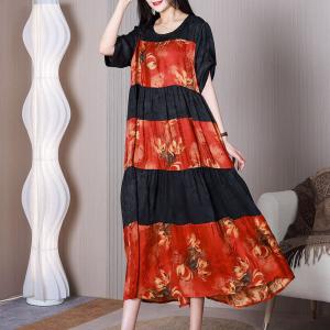 Jacquard Silk Red Tiered Dress Loose Printed Modest Dress