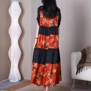 Jacquard Silk Red Tiered Dress Loose Printed Modest Dress