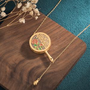Eastern Chinese Fan Necklace Enamel Engrave Necklace