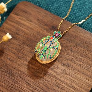 Green and Blue Enamel Round Luck Pendant Necklace