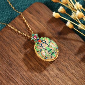 Green and Blue Enamel Round Luck Pendant Necklace