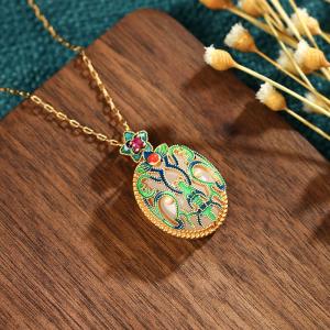 Green and Blue Enamel Round Luck Pendant Necklace