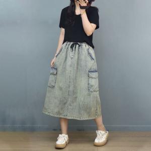 Side Pockets Light Wash Skirt Jean A-Line Skirt