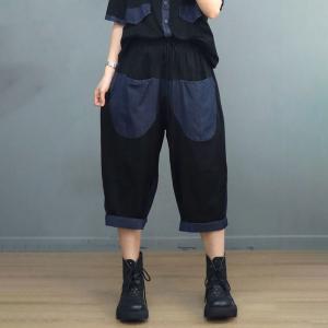 Denim Patchwork Drawstring Shirt with Cotton Cropped Pants