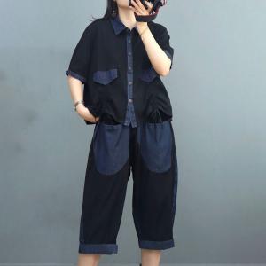 Denim Patchwork Drawstring Shirt with Cotton Cropped Pants