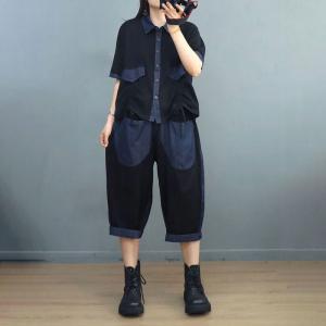 Denim Patchwork Drawstring Shirt with Cotton Cropped Pants