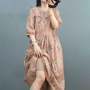 Earthy Style Ramie Front Tied High Waist Floral Dress