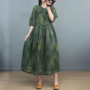 Earthy Style Ramie Front Tied High Waist Floral Dress