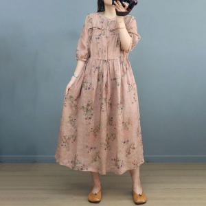 Earthy Style Ramie Front Tied High Waist Floral Dress