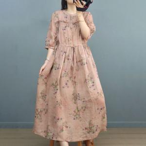 Earthy Style Ramie Front Tied High Waist Floral Dress