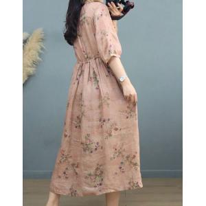 Earthy Style Ramie Front Tied High Waist Floral Dress