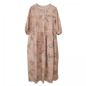 Earthy Style Ramie Front Tied High Waist Floral Dress