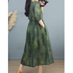 Earthy Style Ramie Front Tied High Waist Floral Dress