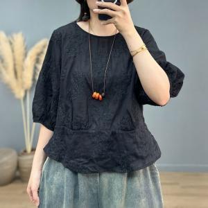 Floral Embroidery Blouse Puff Sleeves Black Blouse