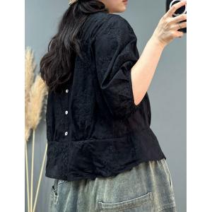 Floral Embroidery Blouse Puff Sleeves Black Blouse