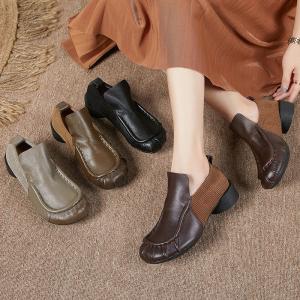 Round Toe Chunky Heels Loafers Corduroy Leather Designer Shoes