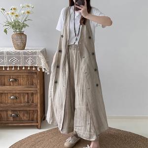 Chunky Linen Long Vest  Double-Breasted Waistcoat for Women