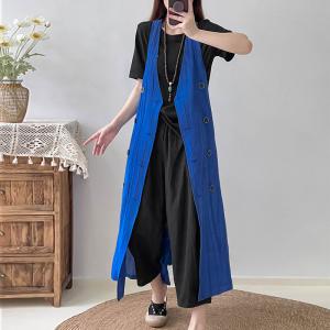 Chunky Linen Long Vest  Double-Breasted Waistcoat for Women