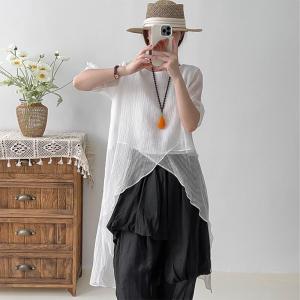 Asymmetrical Sheer Tunic Half Sleeves Flowing Blouse