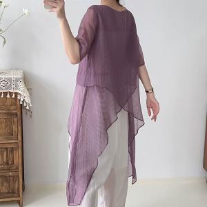 Asymmetrical Sheer Tunic Half Sleeves Flowing Blouse