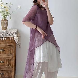 Asymmetrical Sheer Tunic Half Sleeves Flowing Blouse