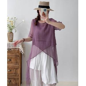 Asymmetrical Sheer Tunic Half Sleeves Flowing Blouse