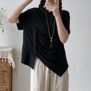 Easy-Match Pleated T-shirt Cotton Mock Neck Tee