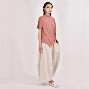 Easy-Match Pleated T-shirt Cotton Mock Neck Tee