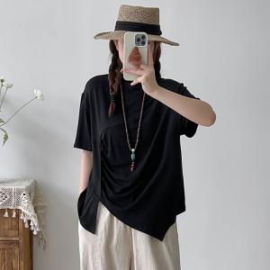 Easy-Match Pleated T-shirt Cotton Mock Neck Tee